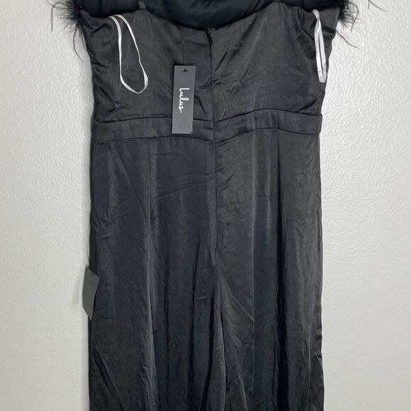 Lulu’s Black Feather Together Satin Wide Leg Jumpsuit Medium - Picture 8 of 16